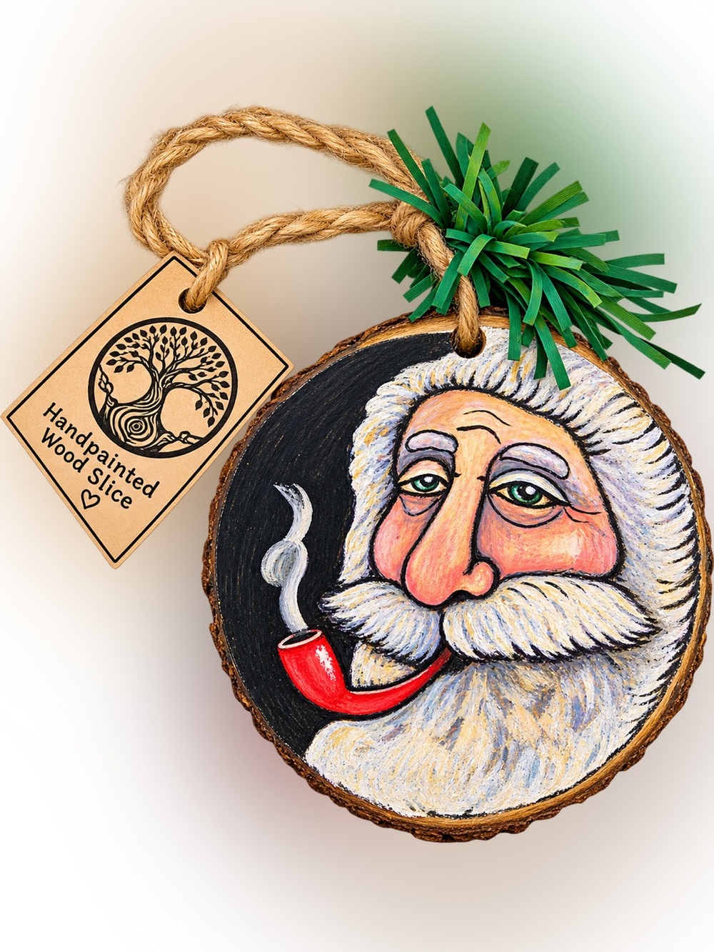 Hand-Painted Santa Face Wood Slice Ornament - Red Pipe